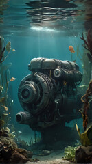 a submarine in the water with a lot of fish