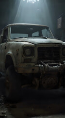 a old truck that is sitting in a garage