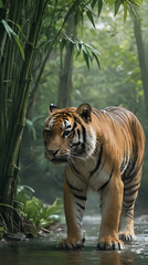 a tiger walking through a stream in the woods