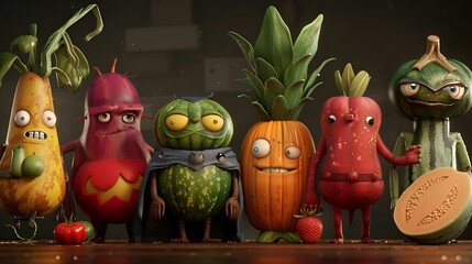 A whimsical lineup of animated fruit and vegetable characters with expressive faces and unique features, showcasing a playful and imaginative scene.