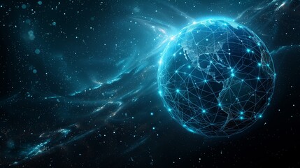 Fototapeta premium A digital globe with glowing network lines and nodes in space. Futuristic technology concept. Generative AI