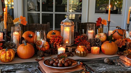 A beautiful Thanksgiving table setting with pumpkins, candles, and fall decorations, creating a warm and inviting atmosphere for a festive meal.