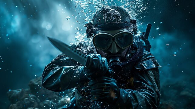 A commando emerging from underwater, wearing a wetsuit and night-vision goggles, with a combat knife in hand and an intense look of determination.