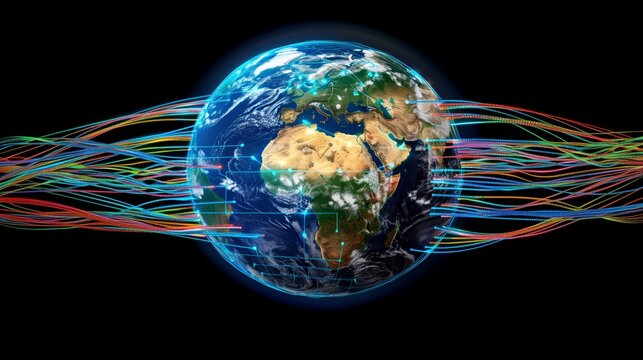 Digital connections circling the Earth with colorful lines on a black background. Concept of global network and internet connectivity.  Generative AI