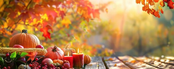 Autumn harvest scene with pumpkins, candles, and fruits on a wooden table under fall foliage in warm sunlight.