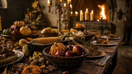 Rustic autumnal feast with pumpkins, apples, and corn on a wooden table, surrounded by candles and a cozy fireplace in the background.
