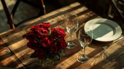 Obraz premium A romantic dinner setup with wine glasses and a bouquet of roses on a rustic wooden table, captured from a high angle