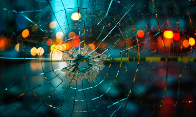 Close-up of a cracked glass with bokeh city lights in the background