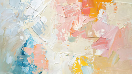 Obraz premium Abstract oil painting with pink, blue, yellow, and white colors with copy space text for art, design, and texture.