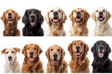 A grid of various happy and smiling flat coated retrievers on a white background, in the style of photography.