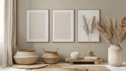 Elegant Home Decor Display: Beige Banner Featuring Frames, Baskets, and Furniture in a Minimalistic Style, With Soft Beige Background for a Clean Aesthetic