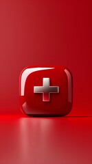 Obraz premium Red first aid kit with a white cross on a glossy surface, healthcare concept