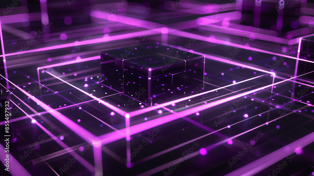 Aufkleber abstract 3d digital background with black cube and purple neon lines with copy space text for techno