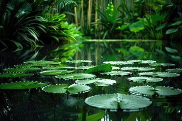 Pond with Lily Pad Shadows A tranquil pond with lily pads casting shadows on the water surface, surrounded by lush greenery