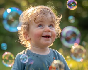 Fototapeta premium A toddler looks up at bubbles floating in the air. AI.