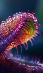 Close-up of a carnivorous plant with dew drops on its leaves. AI.