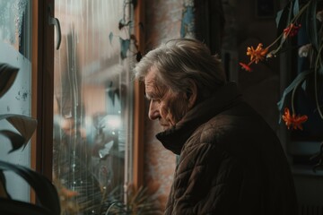 Elderly man sits by the window in his house and gazes outside. AI.