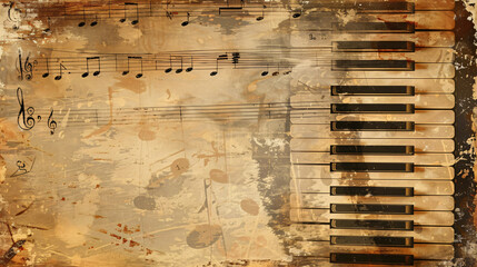 Vintage grunge music sheet with piano keys and music notes with copy space text for music, art, and design.