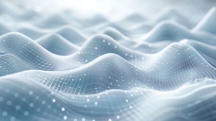 Abstract background with digital blue waves and white dots, light gray tones, grid textures and lines