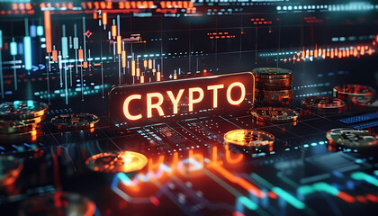 Cryptocurrency Revolution:  A futuristic digital landscape showcasing glowing crypto coins and dynamic charts, symbolizing the volatile yet exciting world of cryptocurrency investment. 