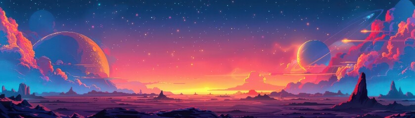 Landscape in a pixelated video game, flat design, side view, outer space exploration, cartoon drawing, vivid colors, spacecraft, planets