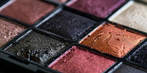 Fototapeta premium A close up of a makeup palette with a variety of colors. The palette is made of plastic and has a black border