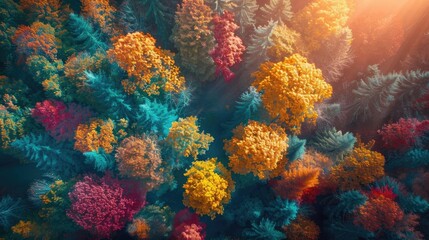 Aerial view of colorful autumn forest with sunlight filtering through the trees, showcasing vibrant foliage and natural beauty from above.