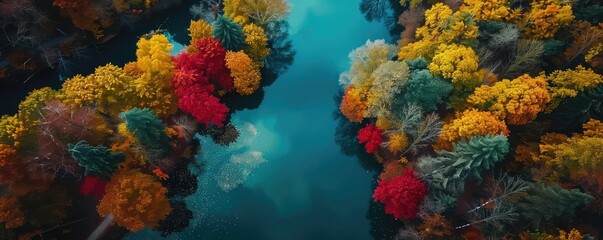 Aerial view of vibrant autumn foliage surrounding a serene river, showcasing deep red, orange, yellow, and green hues in a picturesque landscape.