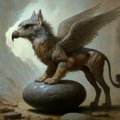 illustration of a golden dragon with a stone