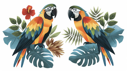 Obraz premium The Macaw parrot sit with green leaves on a white background