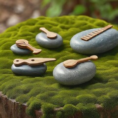 wooden sticks and stones on a green background