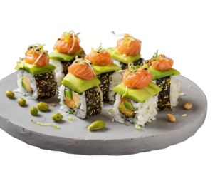 Bite sized pieces of brown rice sushi topped with smoked salmon