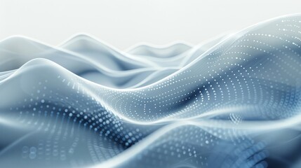 Abstract background with digital blue waves and white dots, light gray tones, grid textures and lines
