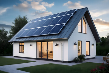 Close up of Modern Cottage with Solar Panels Installed on the Roof and Copy Space Area.