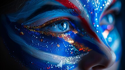 Naklejka premium Closeup of eye with detailed and colorful red blue and gold face paint with glitter accents