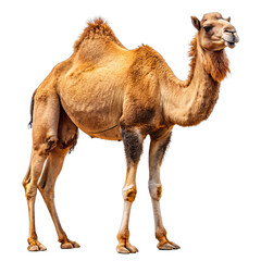 A single, brown camel stands on a white background. camel on transparent background. Generative AI