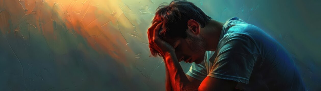 Man desiring isolation, ashamed and embarrassed about his situation, alone and lonely, muted colors, reflective mood