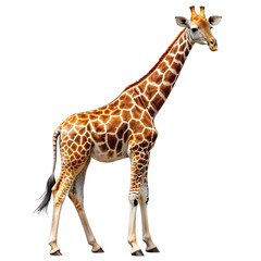 Obraz premium A single giraffe stands on a white background, showcasing its distinctive long neck and spotted coat. Generative AI