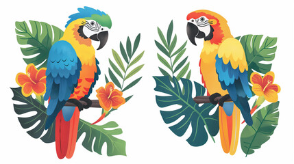 The Macaw parrot sit with green leaves on a white background