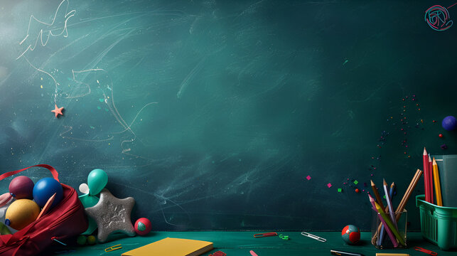 un pizarron de fondo con elementos decorativos de utiles escolares para el regreso a clases con espacio para copiar