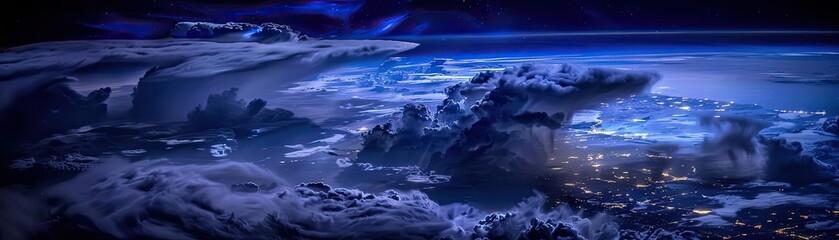 Fototapeta premium A breathtaking panoramic view of dramatic storm clouds illuminated by city lights below, under a dark blue night sky.
