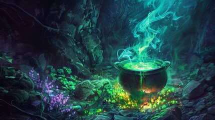 Colorful bubbling cauldron with vibrant green and purple potions, surrounded by glowing plants and mystical herbs in a dark cave