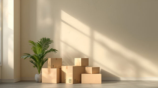 cuarto iluminado con cajas apiladas de mudanza almacenamiento en cajas de carton para transportar objetos a una nueva residencia por cambio de casa