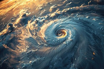 Stunning aerial view of powerful cyclone swirling over the ocean, showcasing the mesmerizing beauty and strength of nature's forces.