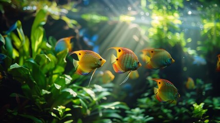 Beautiful aquarium with various angelfish gliding among lush greenery, creating a serene nature-inspired display