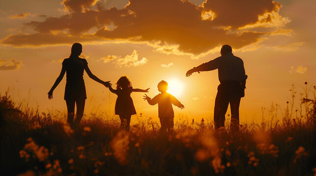 abuelos disfrutando un hermoso dia al atardecer con sus nietos jugando en el campo caminando y siendo muy felices en el dia del abuelo celebrando con alegria