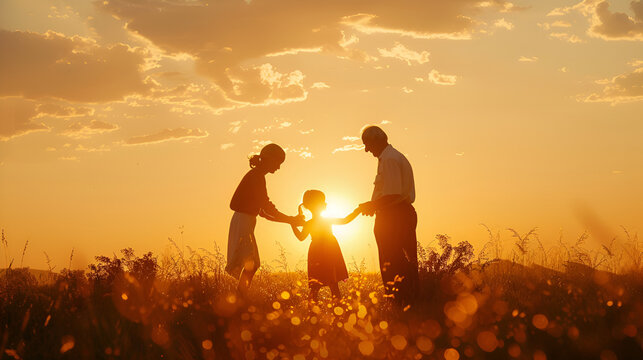 abuelos abuela y abuelo jugando con su nieta disfrutando de un hermoso atardecer jugando al aire libre disfrutando y siendo felices