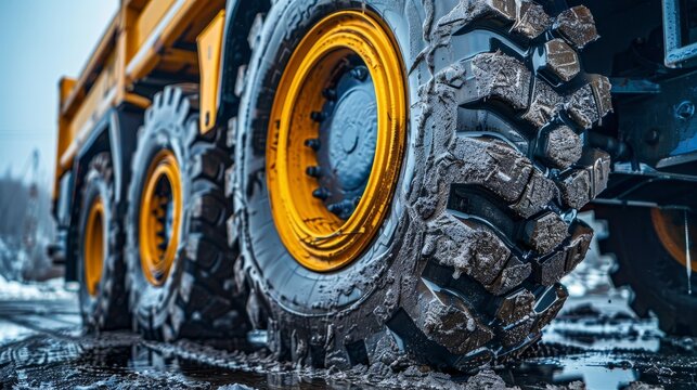 Big rubber wheels on a heavy truck, close-up shot showing detailed treads and robust construction, essential for logistics