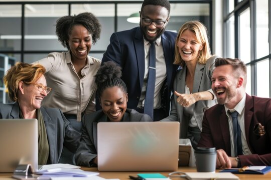 A business team gathered around a laptop, smiling and celebrating as they see the results of a successful campaign. The laptop screen displays positive metrics and growth charts. The scene reflects