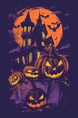 Fototapeta premium Graphic t-shirt design style halloween haunted house. Pumpkin heads. Purple background